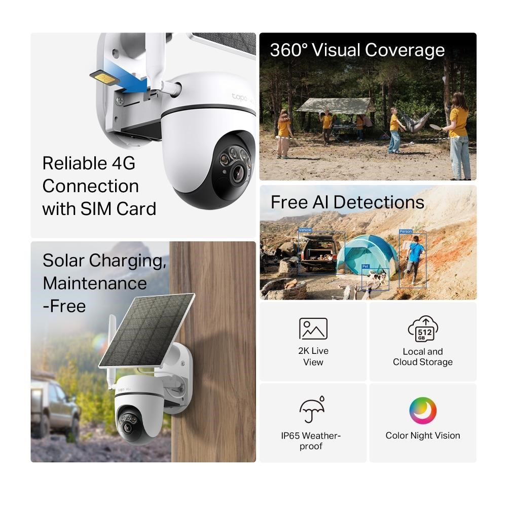 TP-Link Tapo C615G KIT venkovní 4G LTE kamera,  solární panel (3MP,  2K,  1296p,  IR,  4G LTE,  micro SD card,  IP65)1 