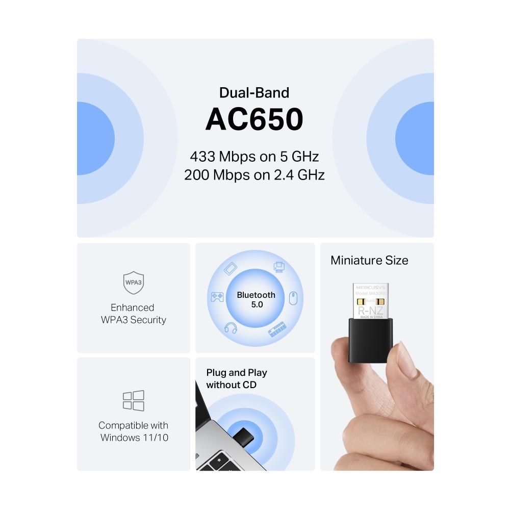 MERCUSYS MA20NB WiFi5 USB nano adapter (AC650, 2, 4GHz/ 5GHz, Bluetooth5.0, USB2.0)1 