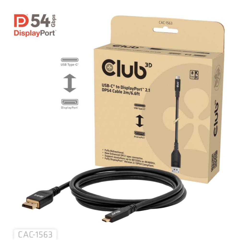 Club3D Kabel USB-C na DisplayPort 2.1 DP54 Bi-Directional,  8K120Hz,  4K480Hz,  2m0 