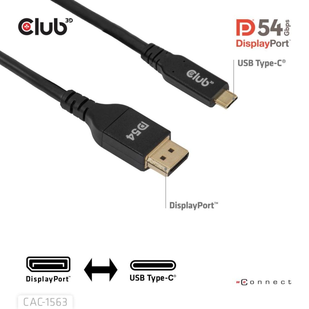 Club3D Kabel USB-C na DisplayPort 2.1 DP54 Bi-Directional,  8K120Hz,  4K480Hz,  2m3 