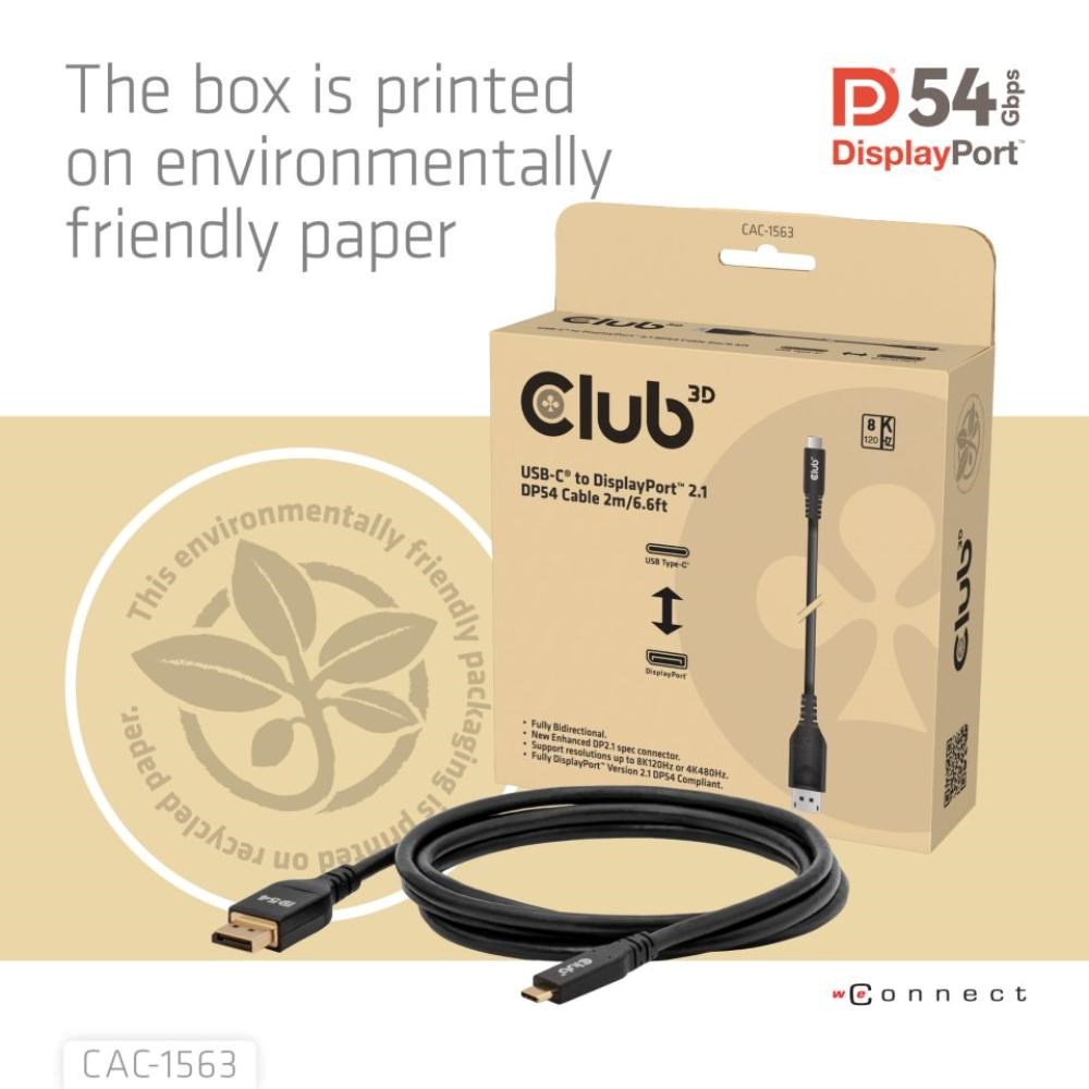 Club3D Kabel USB-C na DisplayPort 2.1 DP54 Bi-Directional,  8K120Hz,  4K480Hz,  2m6 