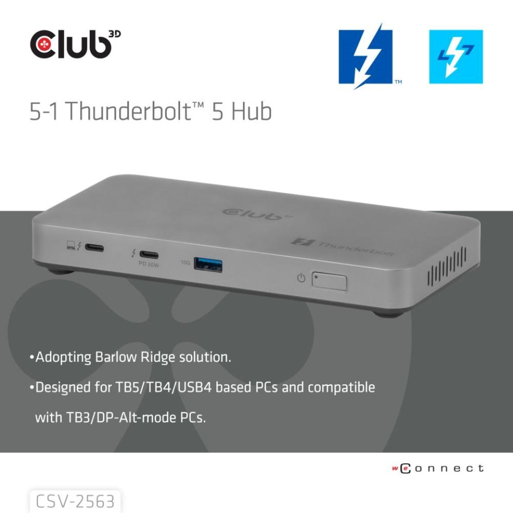 Club3D hub Thunderbolt 5 5v1,  3x USB-C TB5,  1x USB-A,  1x8K60Hz,  3x 5K60Hz,  certifikace Thunderbolt Share,  180W2 