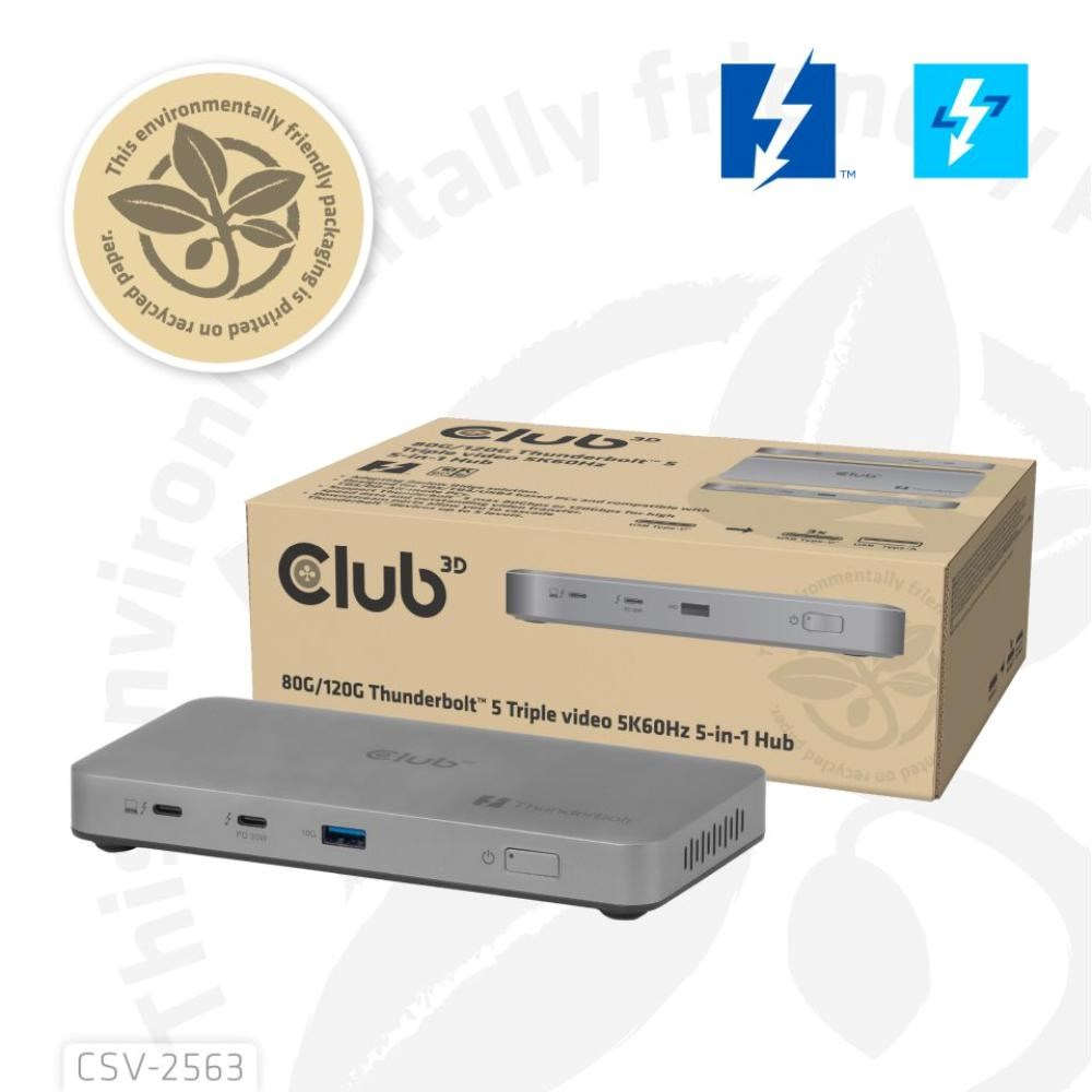 Club3D hub Thunderbolt 5 5v1,  3x USB-C TB5,  1x USB-A,  1x8K60Hz,  3x 5K60Hz,  certifikace Thunderbolt Share,  180W7 