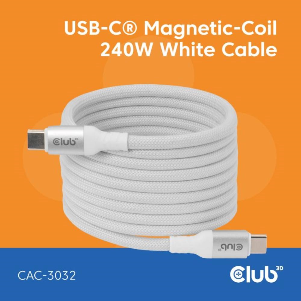 Club3D Kabel magnetický USB-C,  240W PD3.1,  480 Mbps,  2m,  bílá0 