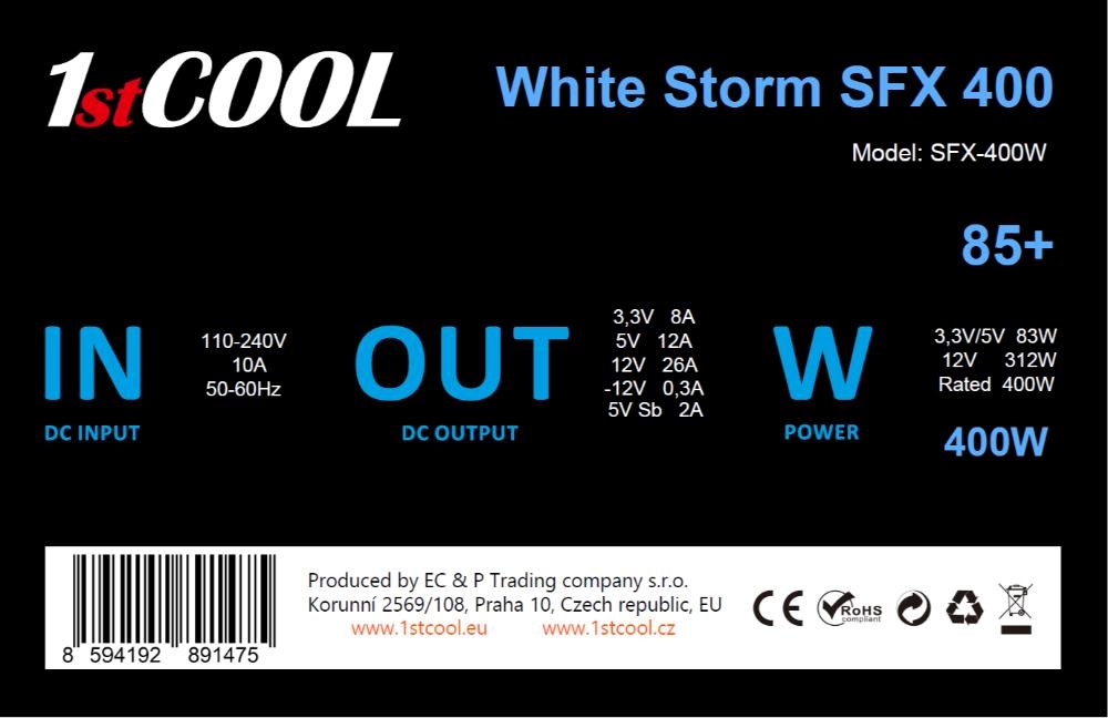BAZAR - 1stCOOL Zdroj White Storm SFX 400 85+,  400W,  SFX,  černá - Po opravě0 