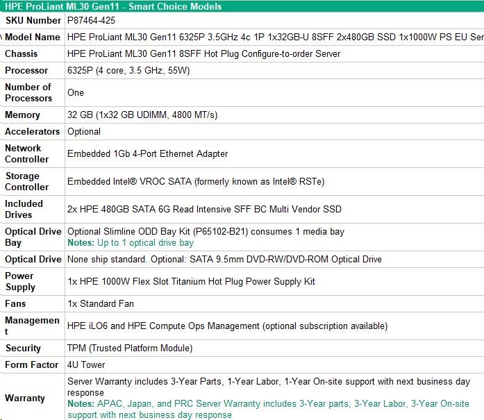 HPE PL ML30g11 6325P (3.5G/ 4C8T) 1x32G 2x480G SSD 8SFF VROC 1x1000W 4p1G NBD311 Smart Choice6 