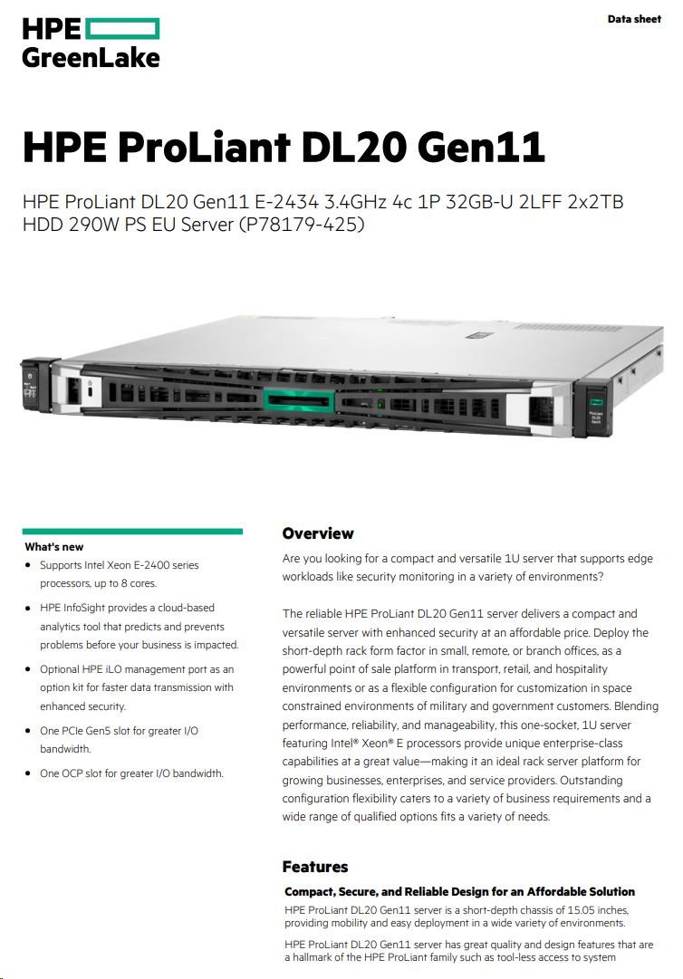 HPE PL DL20g11 6325P (3.5G/ 4C8T) 1x32G (P64339) 2x2TB/ 7.2k SATA VROC 2LFF-HP 4p1Gb 290W Smart Choice1 