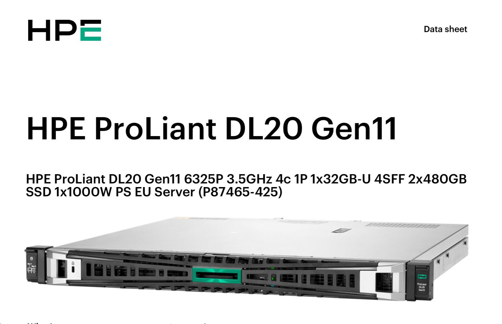 HPE PL DL20g11 6325P (3.5G/ 4C8T) 1x32G (P64339) 2x480G SSD VROC 4SFF-HP 4p1Gb 1x1000W Smart Choice4 