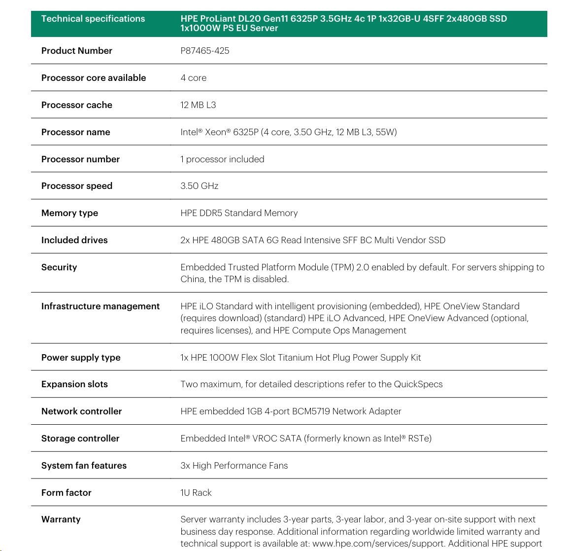 HPE PL DL20g11 6325P (3.5G/ 4C8T) 1x32G (P64339) 2x480G SSD VROC 4SFF-HP 4p1Gb 1x1000W Smart Choice7 