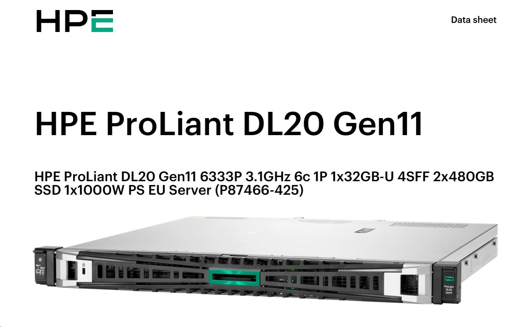 HPE PL DL20g11 6333P (3.1G/ 6C12T) 1x32G (P64339) 2x480GB VROC 4SFF 1x1000W 4x1G NBD333 Smart Choice6 