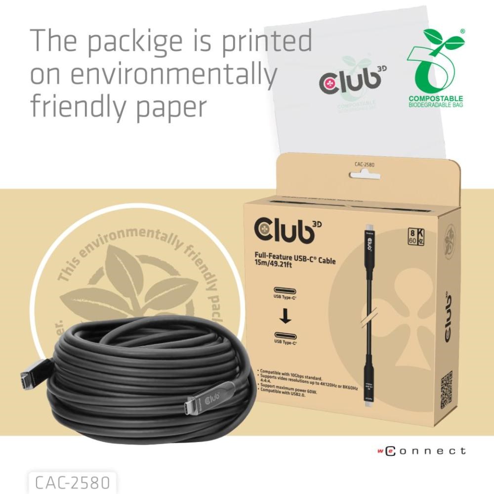 Club3D Kabel USB-C,  10 Gbps,  4K120Hz,  8K60Hz,  60W,  Bi-directional,  15m,  černá6 