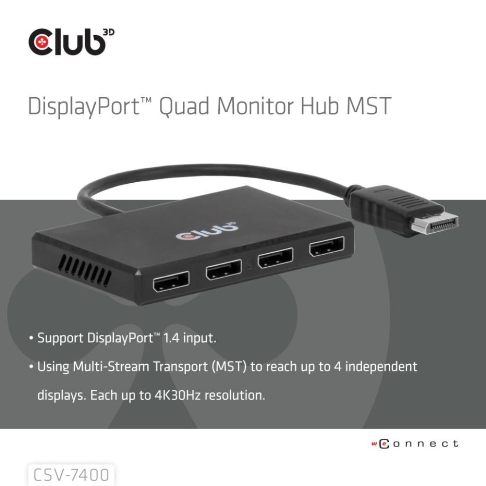 Club3D hub MST (Multi Stream Transport) DisplayPort 1.4 na 4x DisplayPort,  Quad monitor,  4x 4K30Hz,  8K30Hz1 