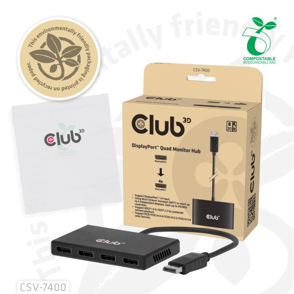 Club3D hub MST (Multi Stream Transport) DisplayPort 1.4 na 4x DisplayPort,  Quad monitor,  4x 4K30Hz,  8K30Hz7 