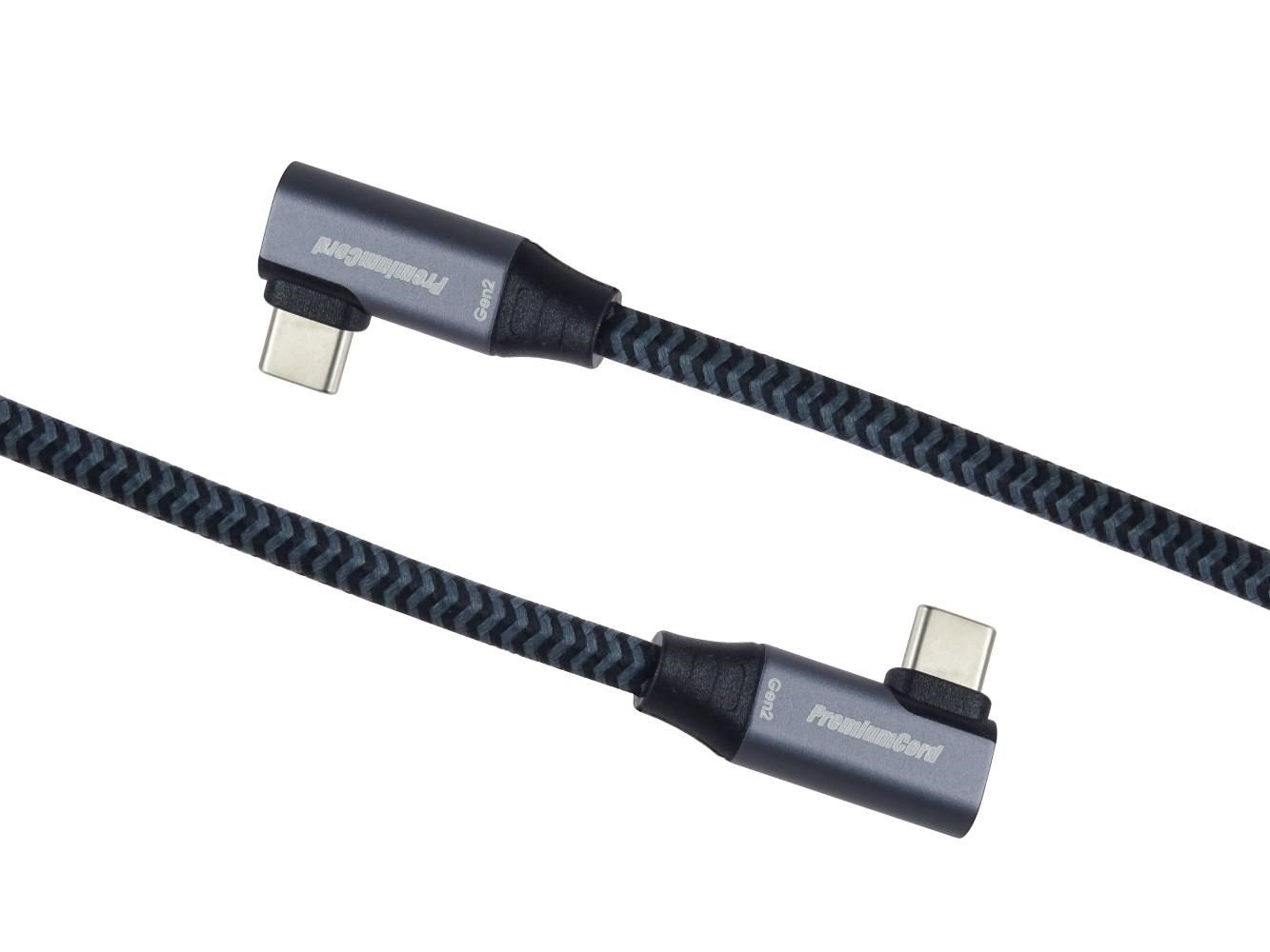 PremiumCord USB-C 2x zahnutý kabel ( USB 3.2 GEN 2x2,  5A,  100W,  20Gbit/ s ) bavlněný oplet,  délka: 3m3 