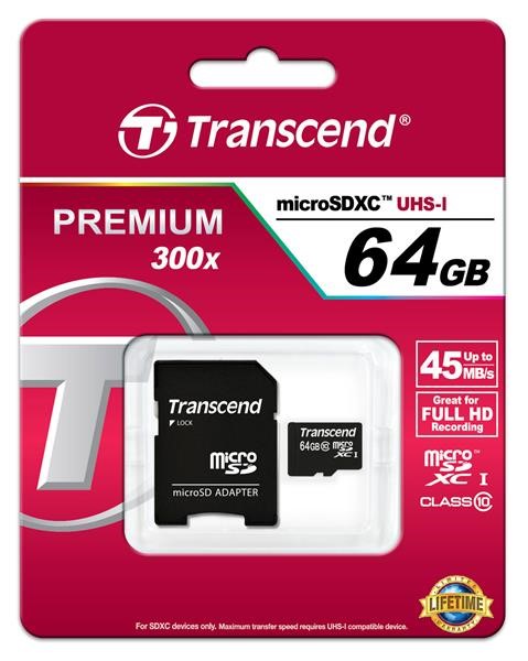 Karta TRANSCEND MicroSDXC 64 GB Class 10, UHS-I (45 MB/s)3 