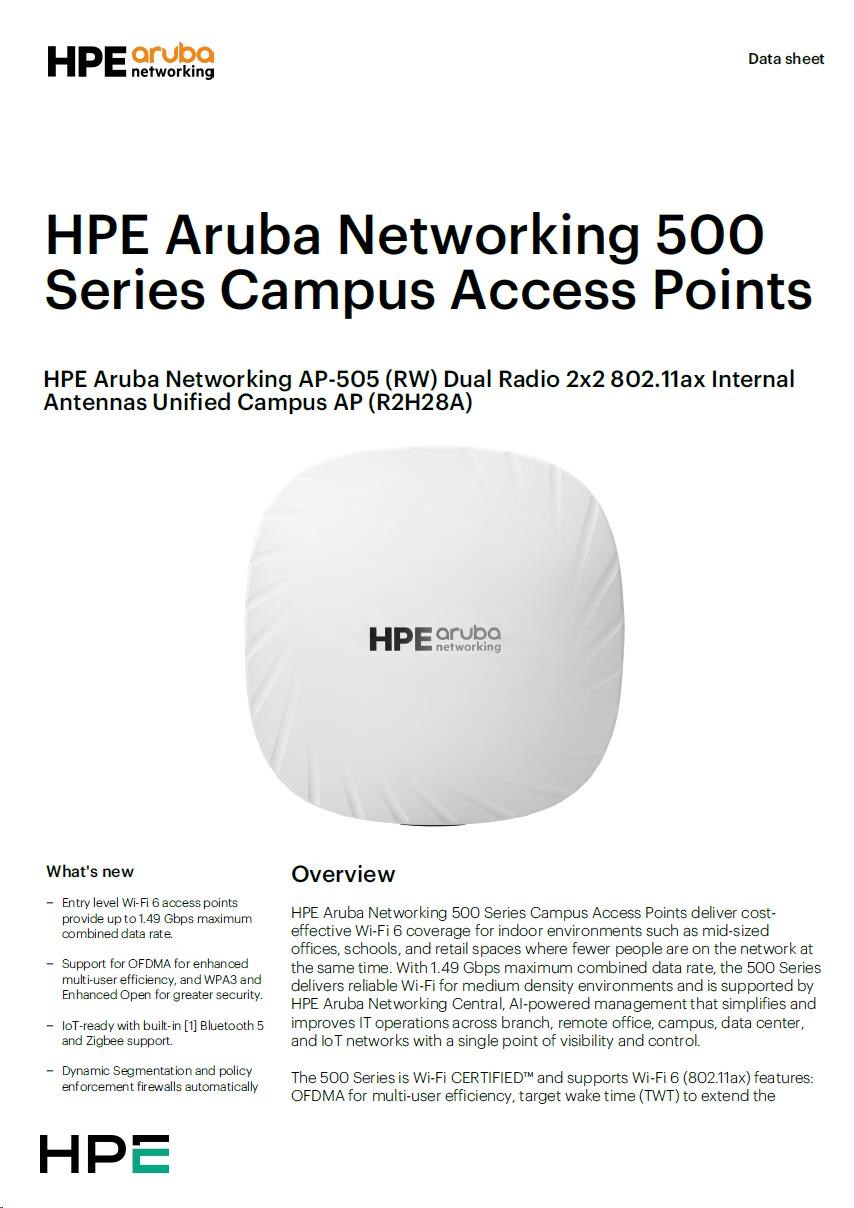 5 x HPE Aruba Networking AP-505 (RW) Dual Radio 2x2 802.11ax Internal Antennas Unified Campus AP ( 5 x R2H28A )3 
