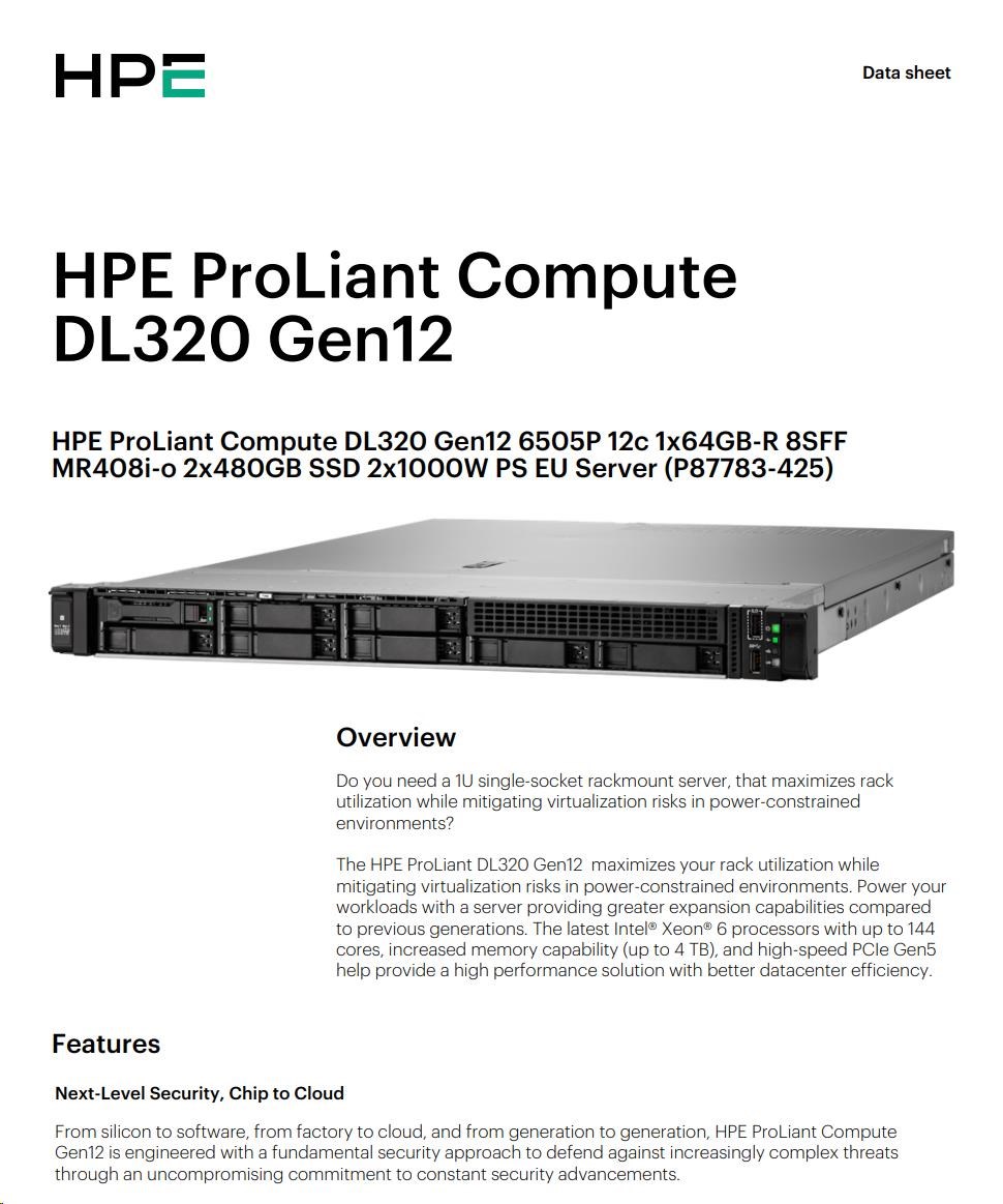HPE PL DL320g12 6505P (2.2/ 12C) 1x64G (P69728) MR408i-o 8SFF 2x480G 2x1000W 1GbE PF NBD333 Smart Choice4 