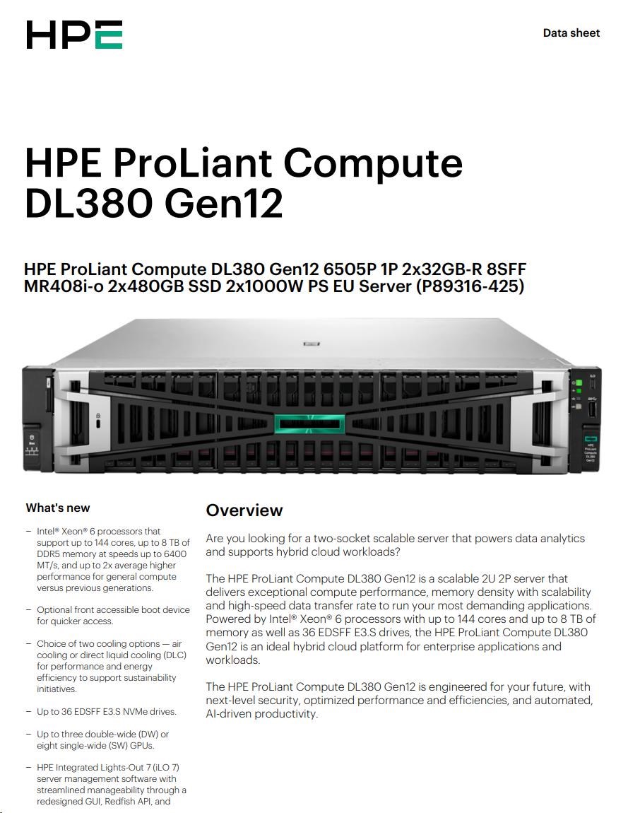 HPE PL DL380g12 6505P (2.2/ 12C) 2x32G (P69727) 2x480G MR408i-o 8SFF 2x1000W 10GbE NBD333 Smart Choice3 