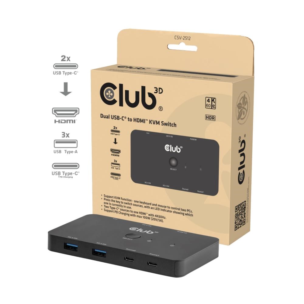 Club3D KVM Switch,  2xUSB-C na HDMI,  4K60Hz,  PD 100W0 