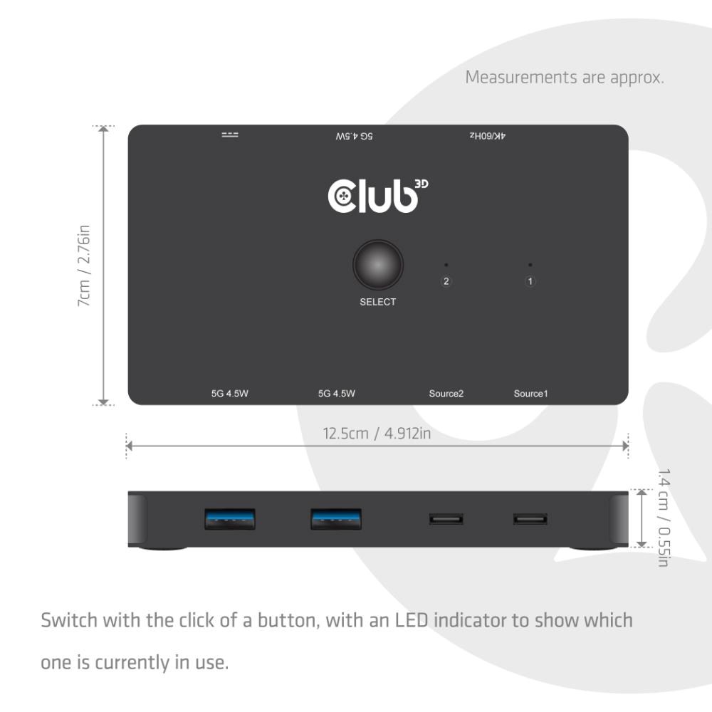 Club3D KVM Switch,  2xUSB-C na HDMI,  4K60Hz,  PD 100W7 