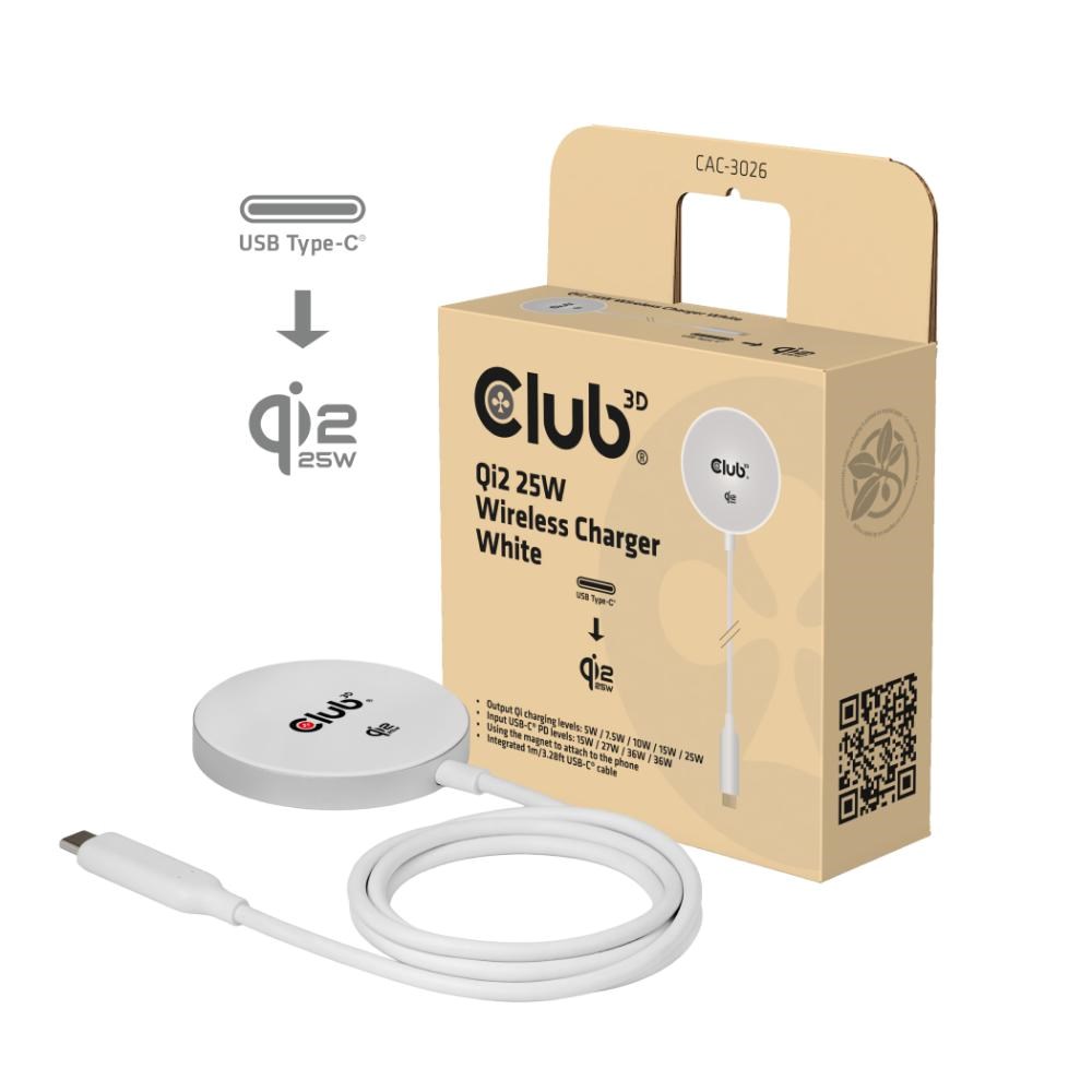 Club3D Bezdrátová nabíječka,  1x Qi2 25W,  MagSafe,  Qi certifikováno,  bílá0 