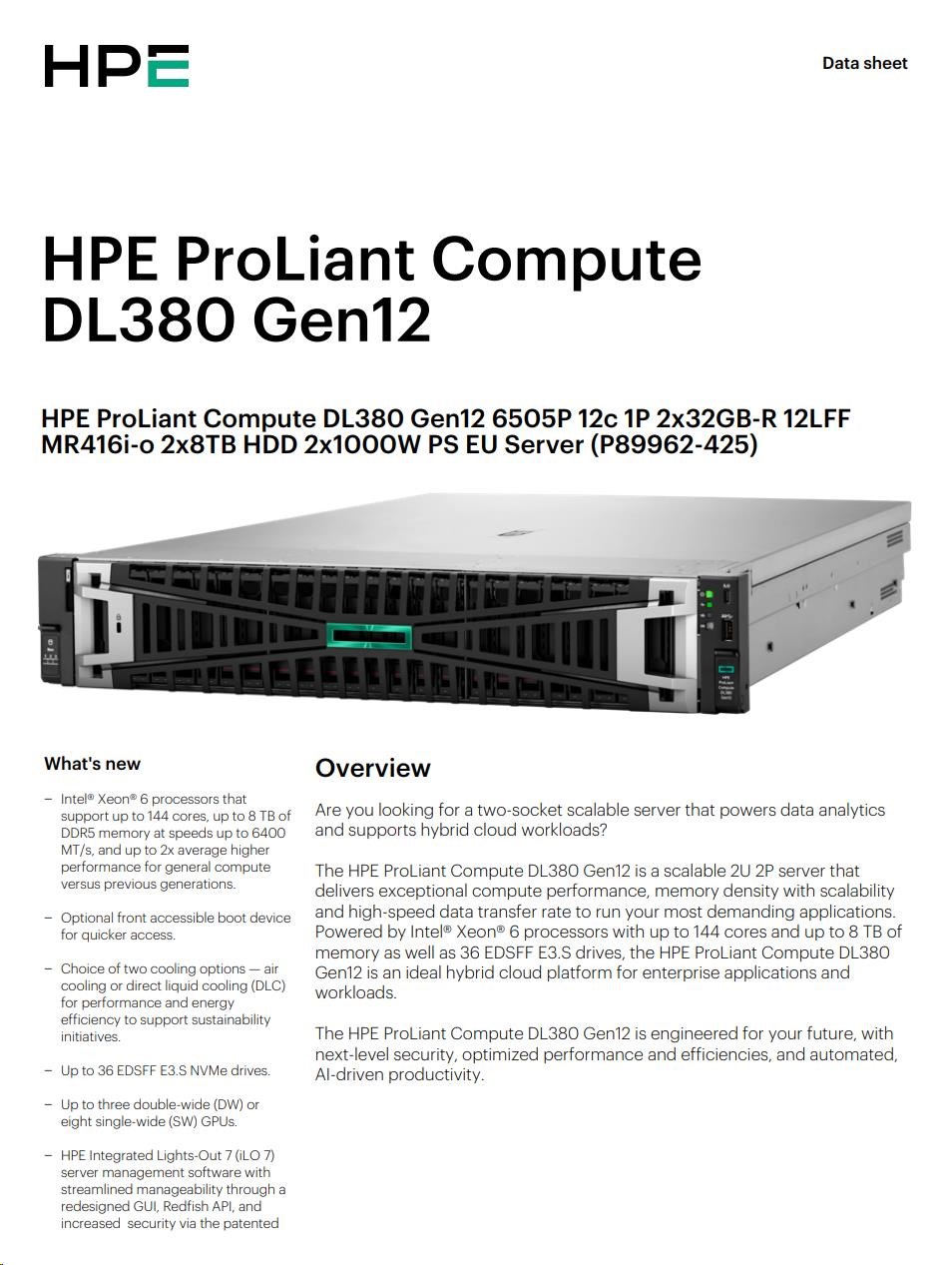 HPE PL DL380g12 6505P (2.2/ 12C) 2x32G (P69727) 12LFF 2x8TB (834031) MR416i-o 2x1000W o4x1GbE NBD333 Smart Choice4 