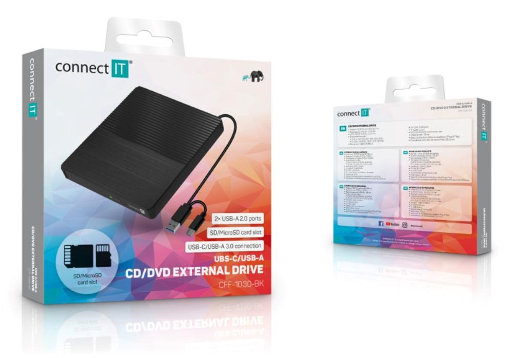 CONNECT IT Externí mechanika CD/ DVD 3v1 SlimDrive,  čtečka MicroSD/ SD,  2xUSB,  USB-A/ USB-C,  černá5 