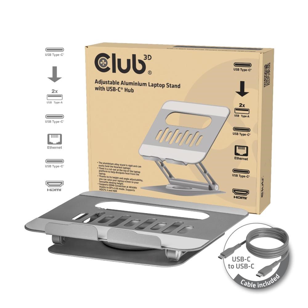 Club3D Nastavitelný hliníkový stojan pro notebook s USB-C hubem na 2xUSB,  1xHDMI,  2xUSB-C,  1xRJ45,  360°,  100W,  4K60Hz0 