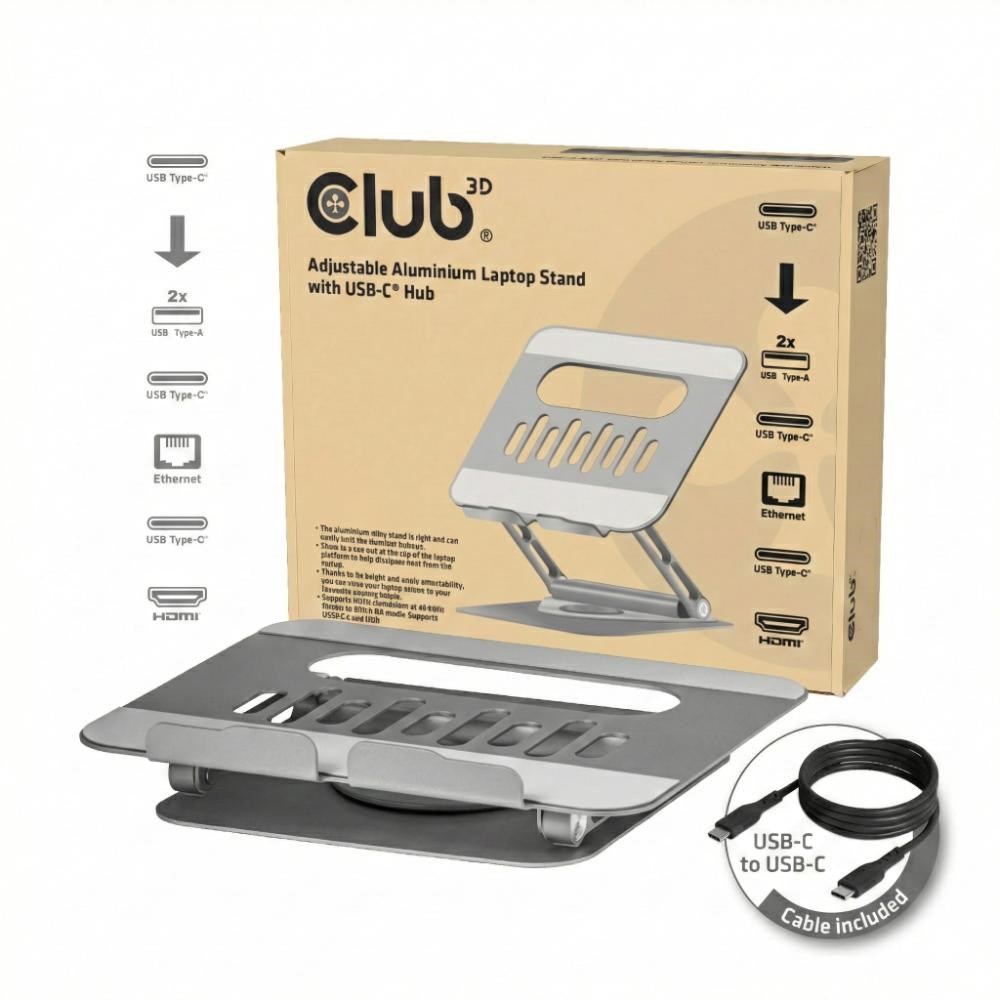 Club3D Nastavitelný hliníkový stojan pro notebook s USB-C hubem na 2xUSB,  1xHDMI,  2xUSB-C,  1xRJ45,  360°,  100W,  4K60Hz9 