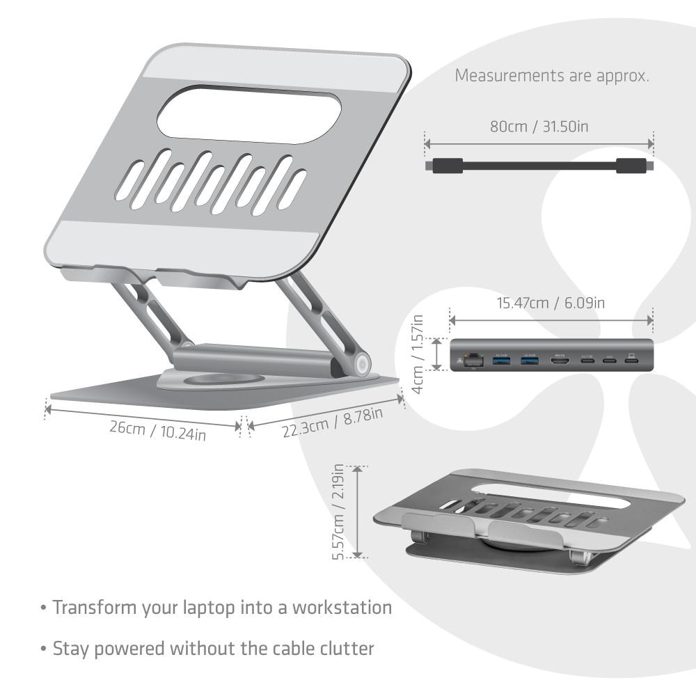 Club3D Nastavitelný hliníkový stojan pro notebook s USB-C hubem na 2xUSB,  1xHDMI,  2xUSB-C,  1xRJ45,  360°,  100W,  4K60Hz1 