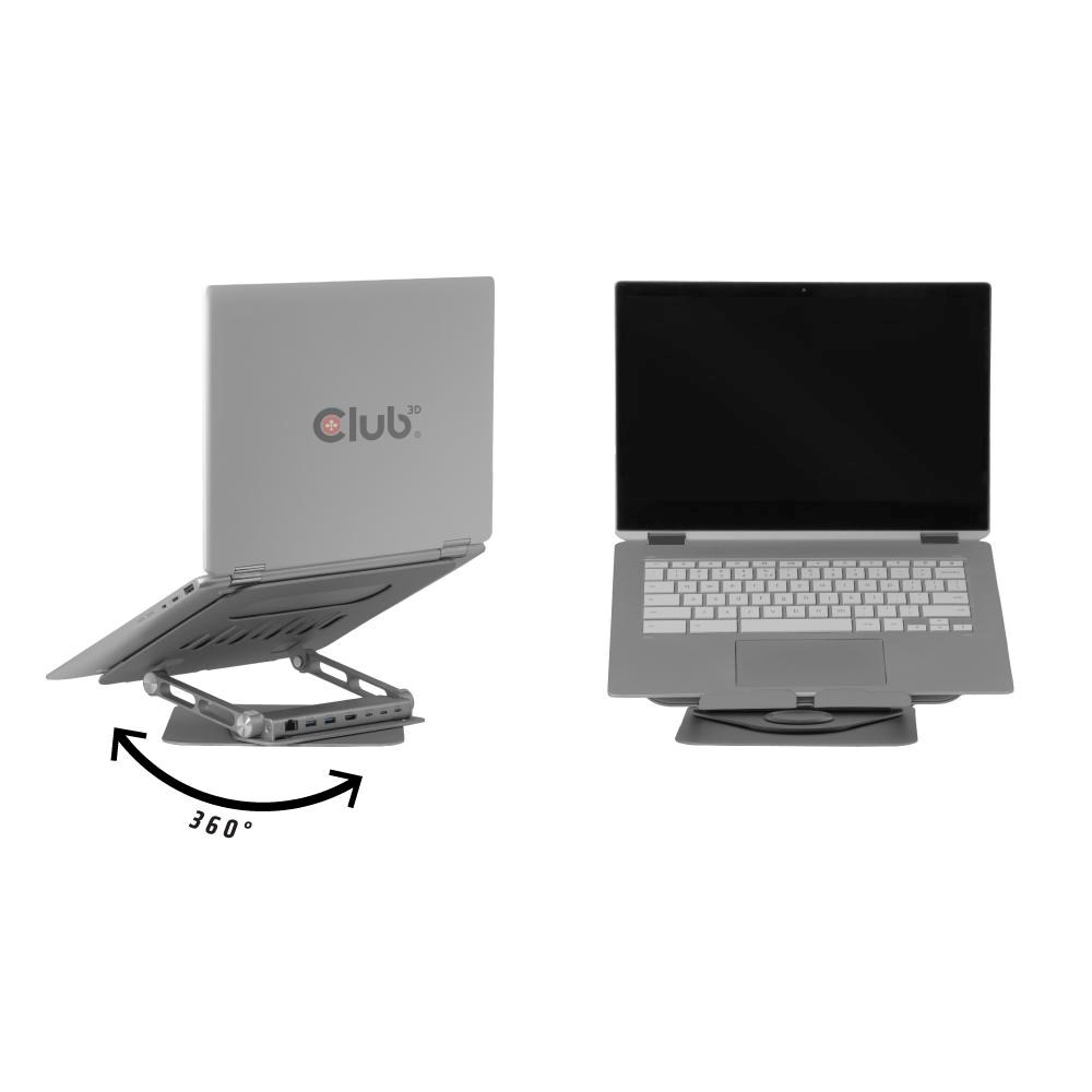 Club3D Nastavitelný hliníkový stojan pro notebook s USB-C hubem na 2xUSB,  1xHDMI,  2xUSB-C,  1xRJ45,  360°,  100W,  4K60Hz2 
