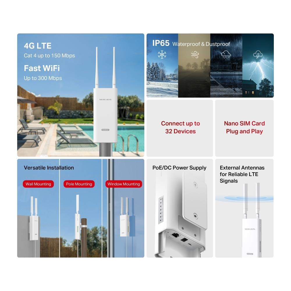 MERCUSYS MB118-4G venkovní-pout door WiFi4 router (N300,  4G LTE,  2, 4GHz,  1x100Mb/ s LAN/ WAN, 1xnanoSIM, 1xPoE-Out)3 