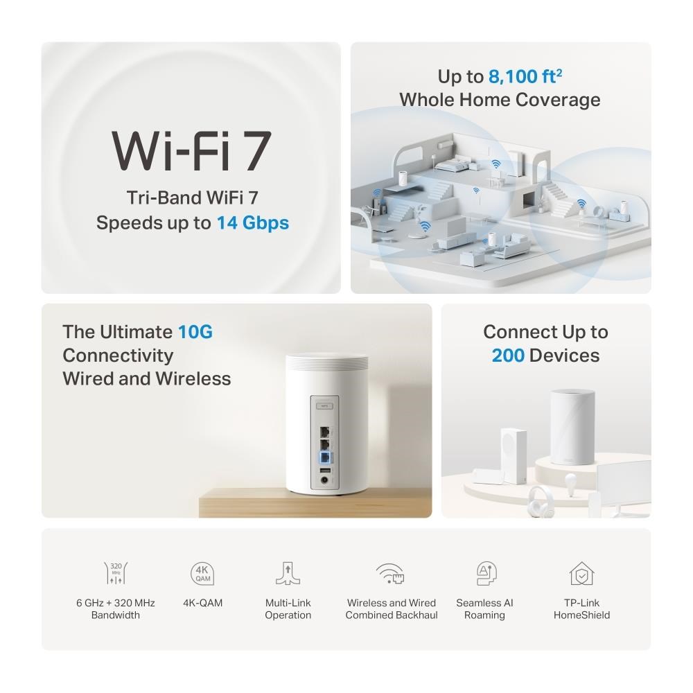 TP-Link Deco BE68(3-pack) WiFi7 Mesh(BE14000, 2, 4GHz/ 5GHz/ 6GHz, 1x10GbELAN/ WAN, 1x2, 5GbELAN/ WAN, 1xGbELAN/ WAN, 1xUSB3.0)3 