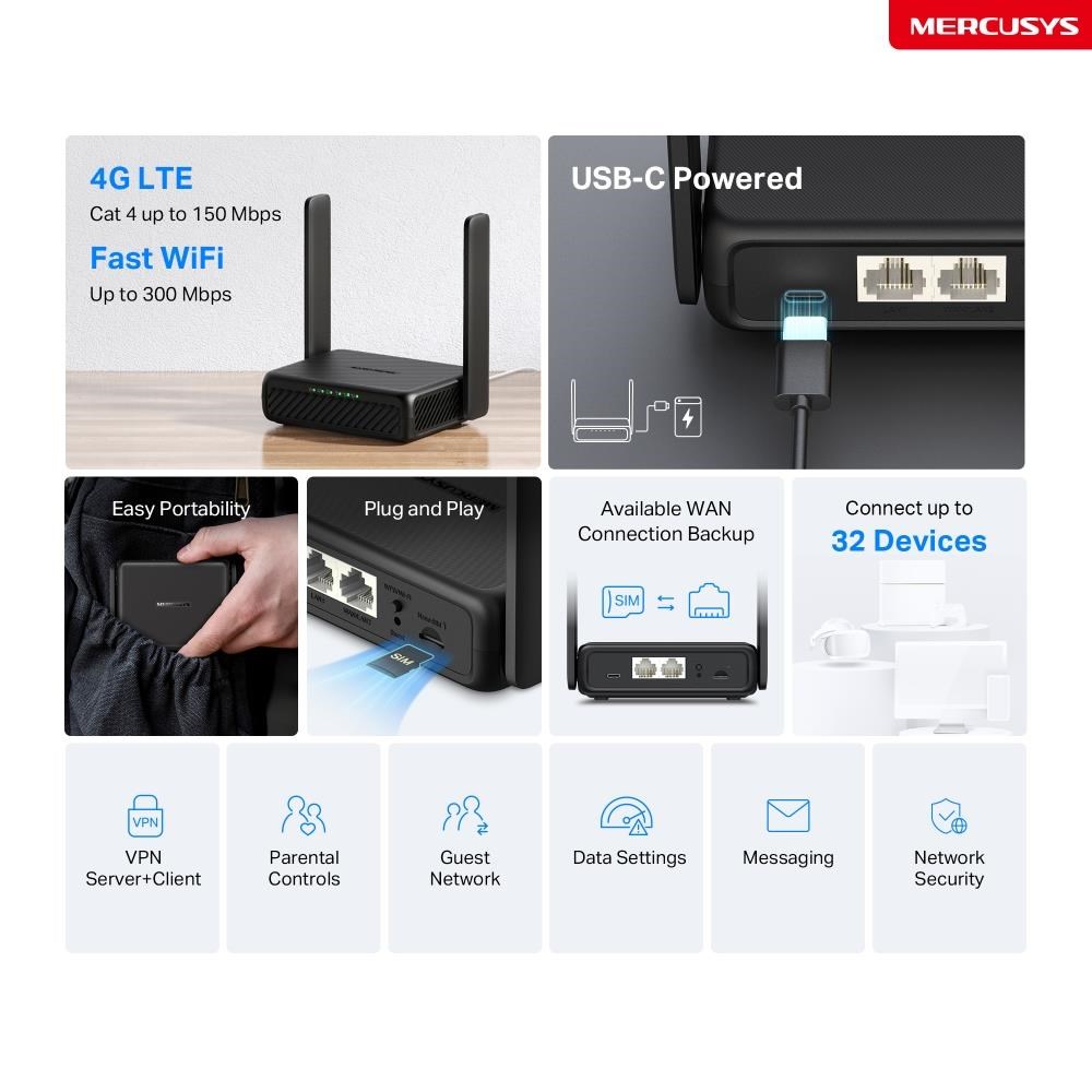 Mercusys MB113-4G WiFi4 router (N300,  4G LTE,  2, 4GHz,  1x100Mb/ s LAN/ WAN, 1x100Mb/ s LAN, 1xnanoSIM)2 
