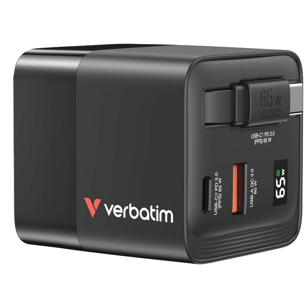 VERBATIM GaN Nabíječka do sítě,  S kabelem,  USB-C,  USB-A,  černá