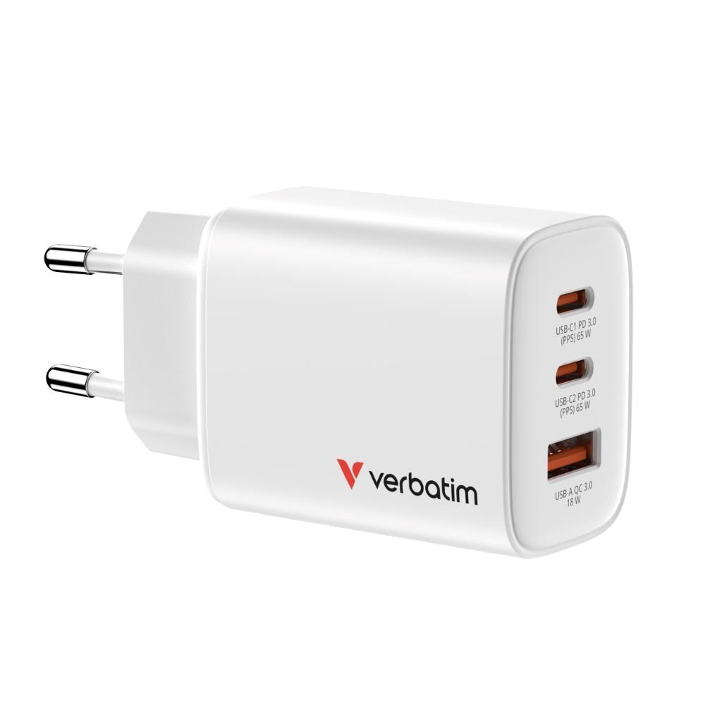 VERBATIM GaN Nabíječka Essentials 65W,  2xUSB-C,  1xUSB-A,  bílá0 