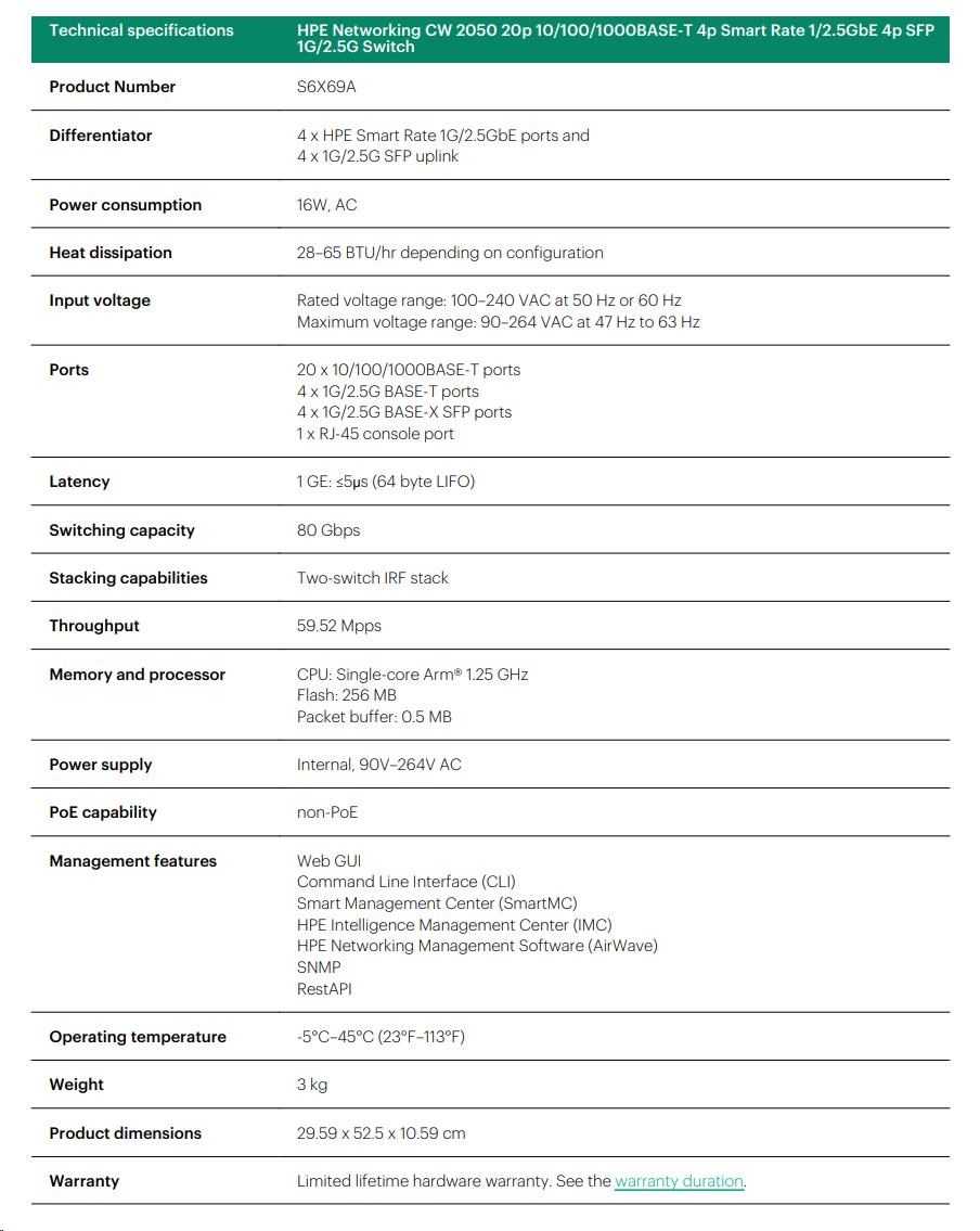 HPE Networking CW 2050 20p 10/ 100/ 1000BASE-T 4p Smart Rate 1/ 2.5GbE 4p SFP 1G/ 2.5G Switch4 