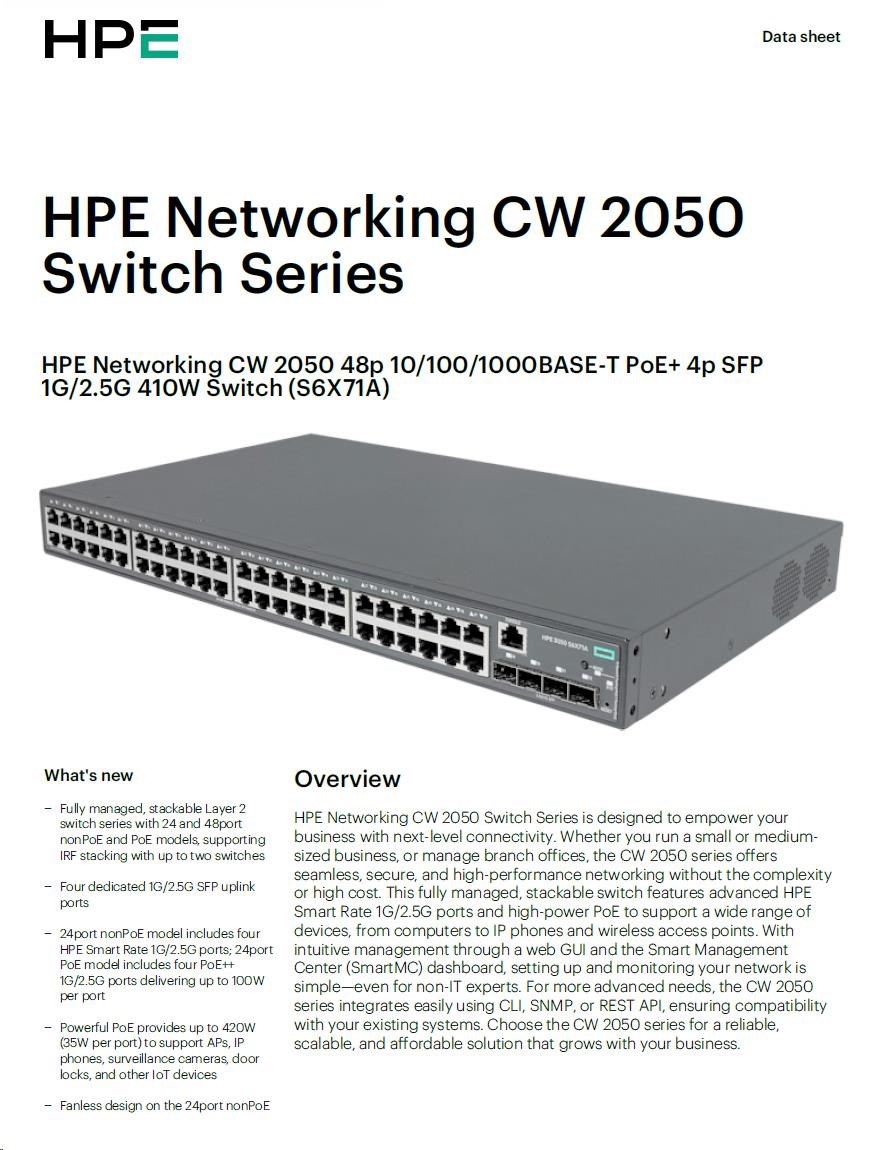 HPE Networking CW 2050 48p 10/ 100/ 1000BASE-T PoE+ 4p SFP 1G/ 2.5G 410W Switch7 