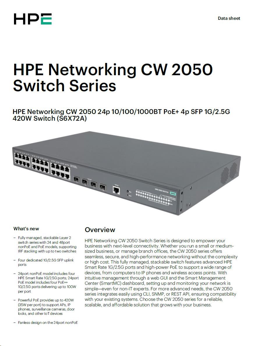 HPE Networking CW 2050 24p 10/ 100/ 1000BT PoE+ 4p SFP 1G/ 2.5G 420W Switch5 