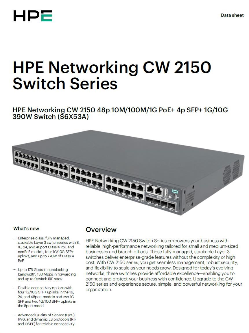 HPE Networking CW 2150 48p 10M/ 100M/ 1G PoE+ 4p SFP+ 1G/ 10G 390W Switch5 