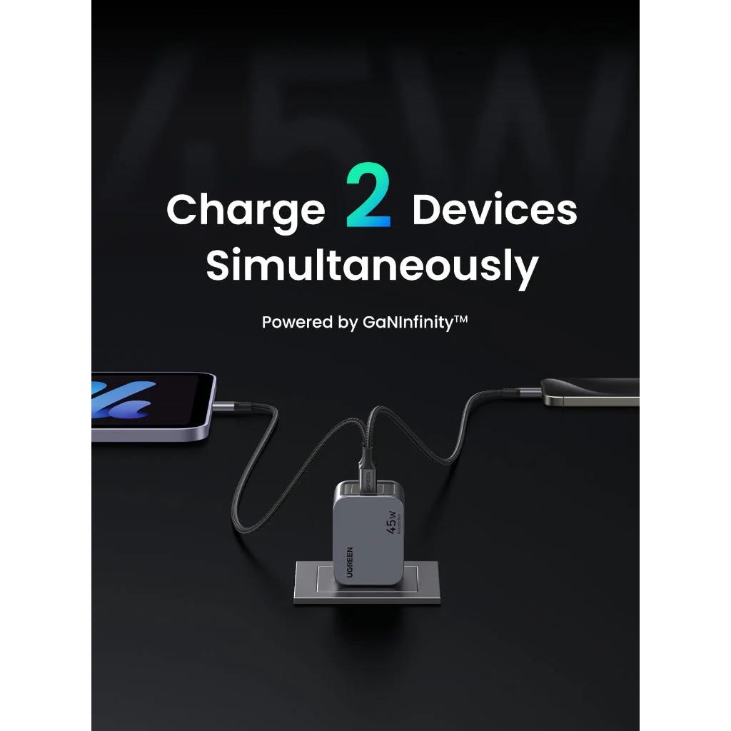 UGREEN síťová rychlonabíječka Nexode Pro 45W 2-Port USB-C,  GaN,  stříbrná3 
