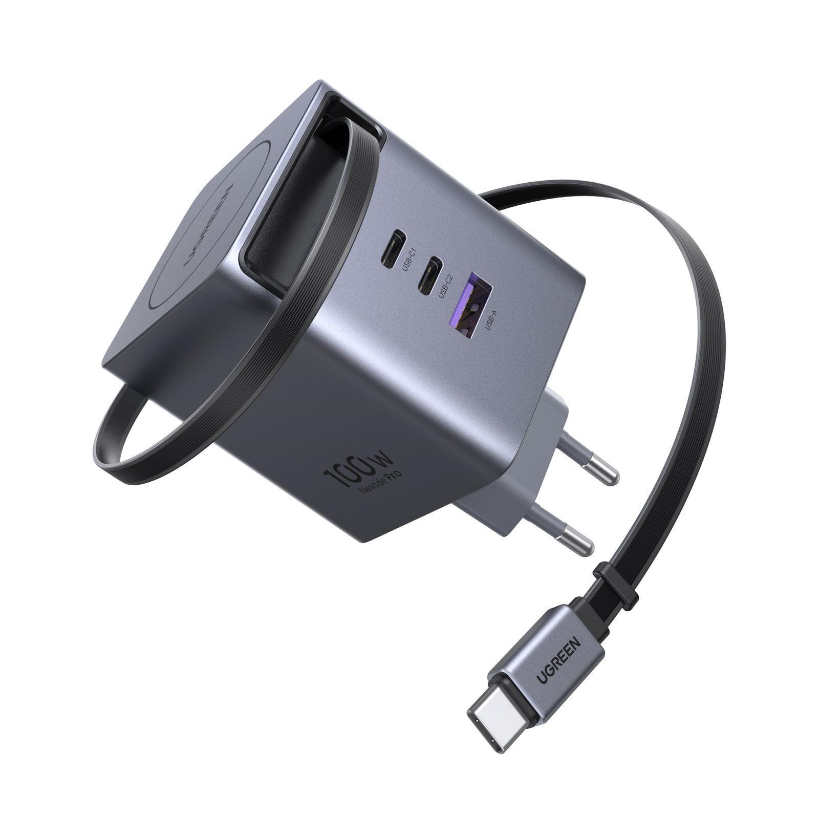 UGREEN síťová rychlonabíječka se zatahovacím kabelem 100W 3-Port,  2x USB-C,  1x USB-A,  GaN,  stříbrná0 