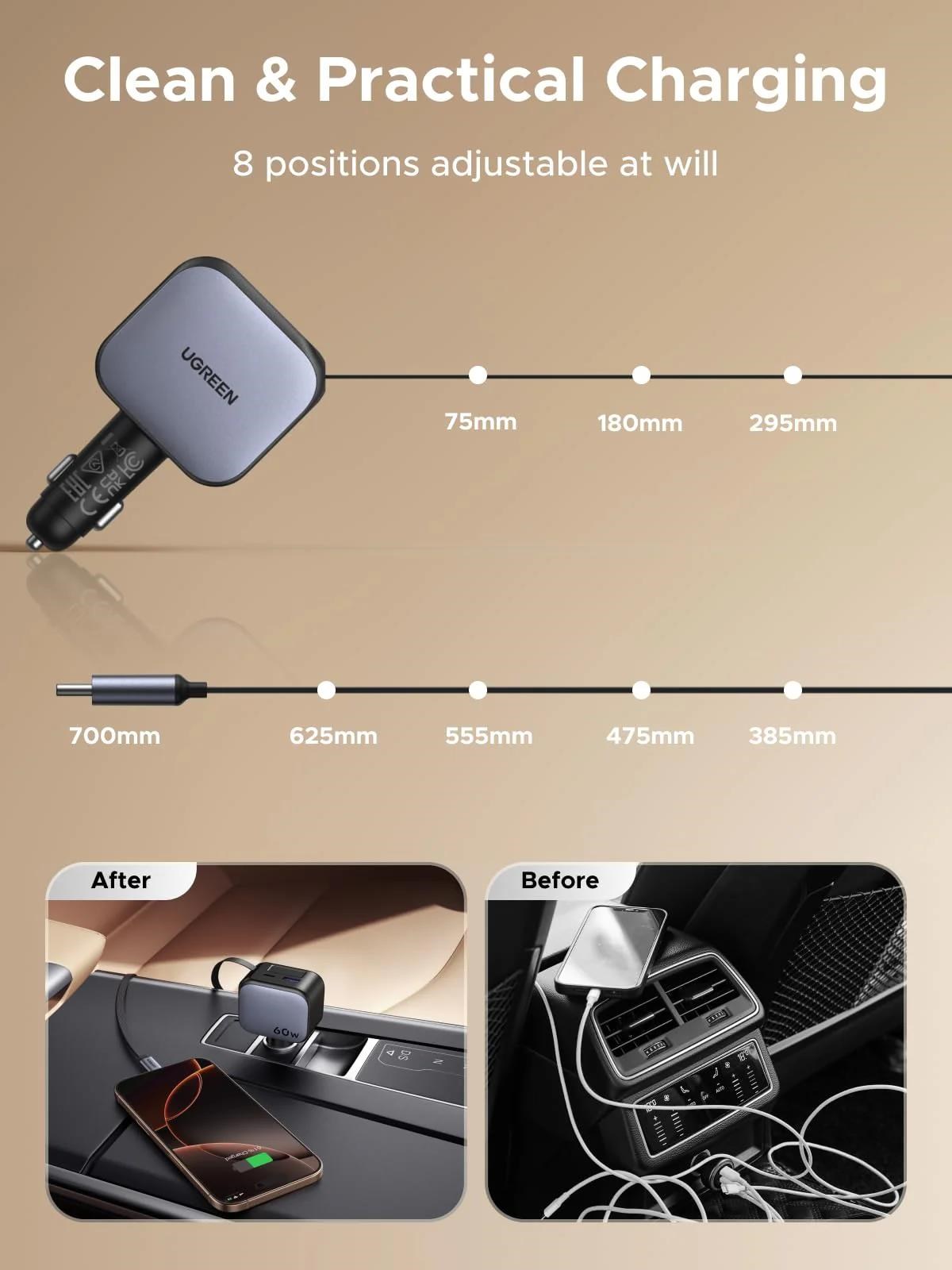 UGREEN rychlonabíječka do auta se zatahovacím kabelem 145W 3-Port,  2x USB-C, 1x USB-A,  GaN,  stříbrná5 