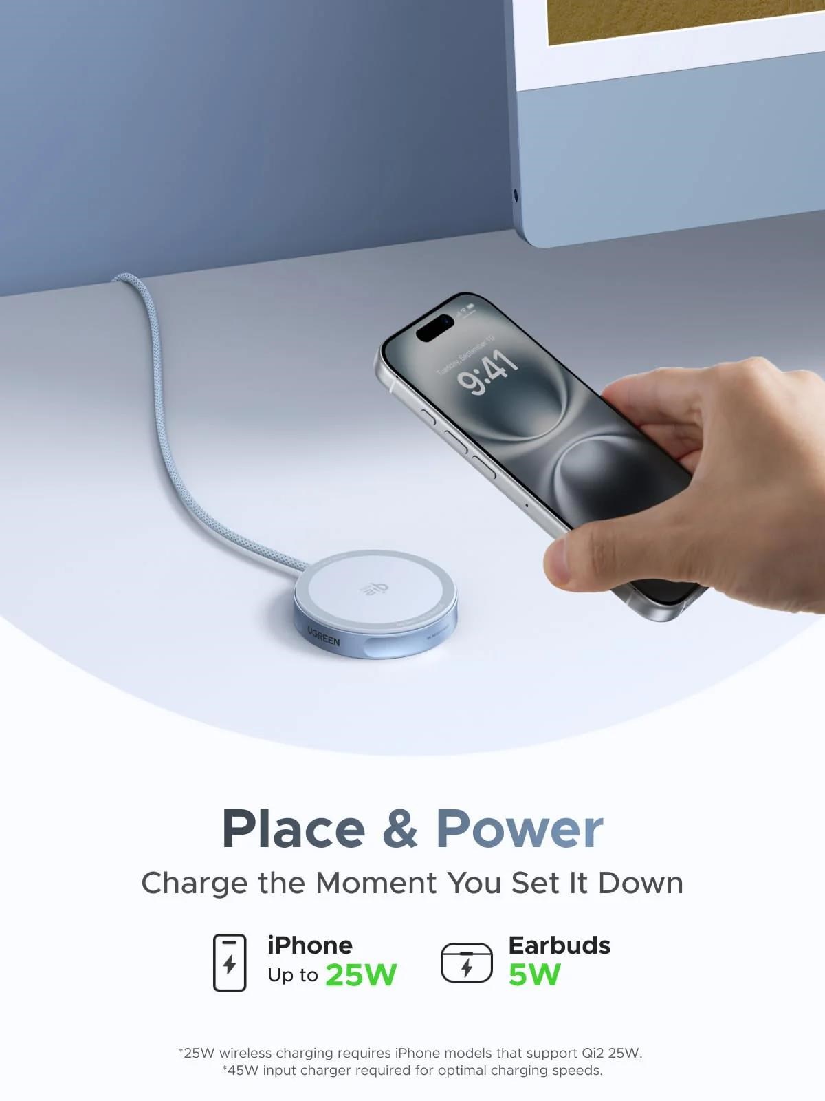 UGREEN magnetická bezdrátová nabíječka MagFlow Qi2.2 25W,  MagSafe,  stříbrná2 