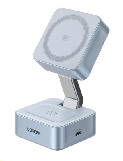 UGREEN magnetická bezdrátová nabíječka 2v1 MagFlow Qi2.2,  25W,  MagSafe,  stříbrná2 
