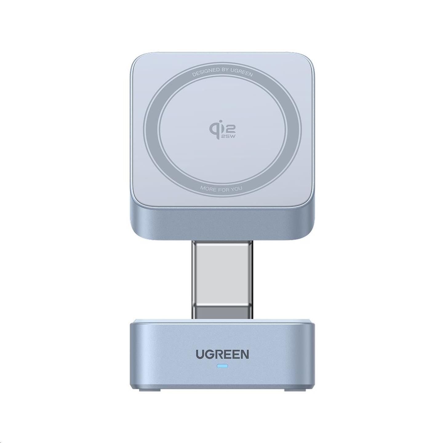 UGREEN magnetická bezdrátová nabíječka 2v1 MagFlow Qi2.2,  25W,  MagSafe,  stříbrná4 