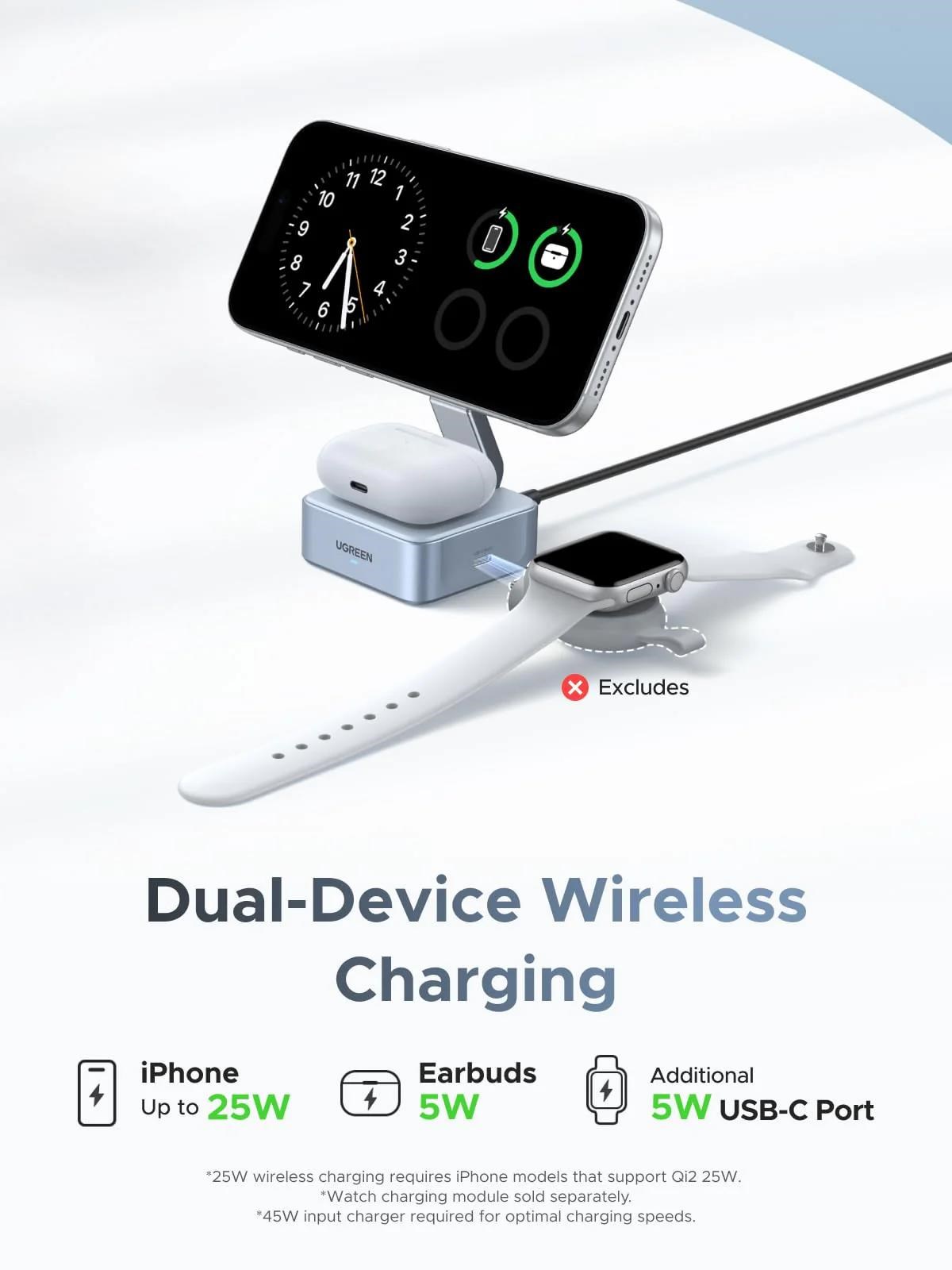 UGREEN magnetická bezdrátová nabíječka 2v1 MagFlow Qi2.2,  25W,  MagSafe,  stříbrná0 