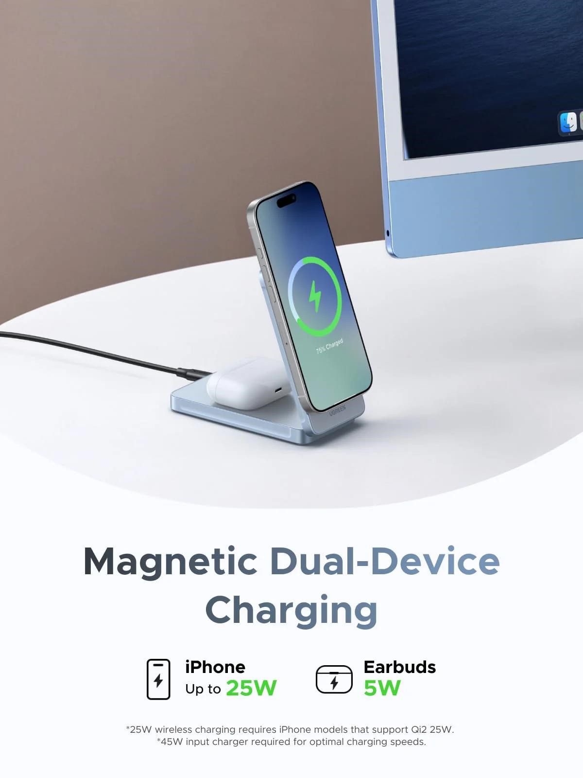 UGREEN magnetická bezdrátová nabíječka 2v1 MagFlow Qi2.2,  25W,  MagSafe,  stříbrná5 