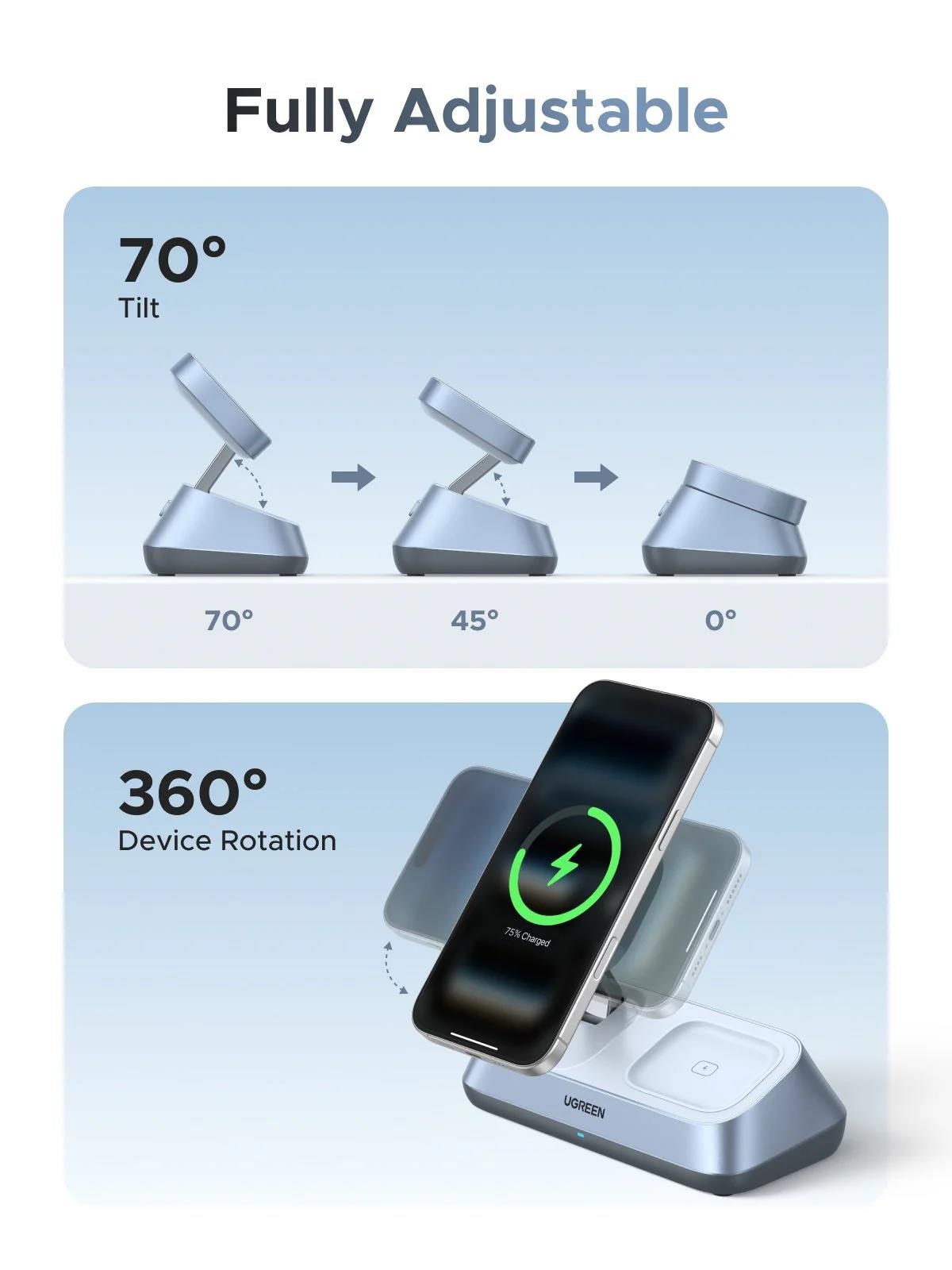 UGREEN magnetická bezdrátová nabíječka 3v1 MagFlow Qi2.2,  25W,  MagSafe,  stříbrná3 
