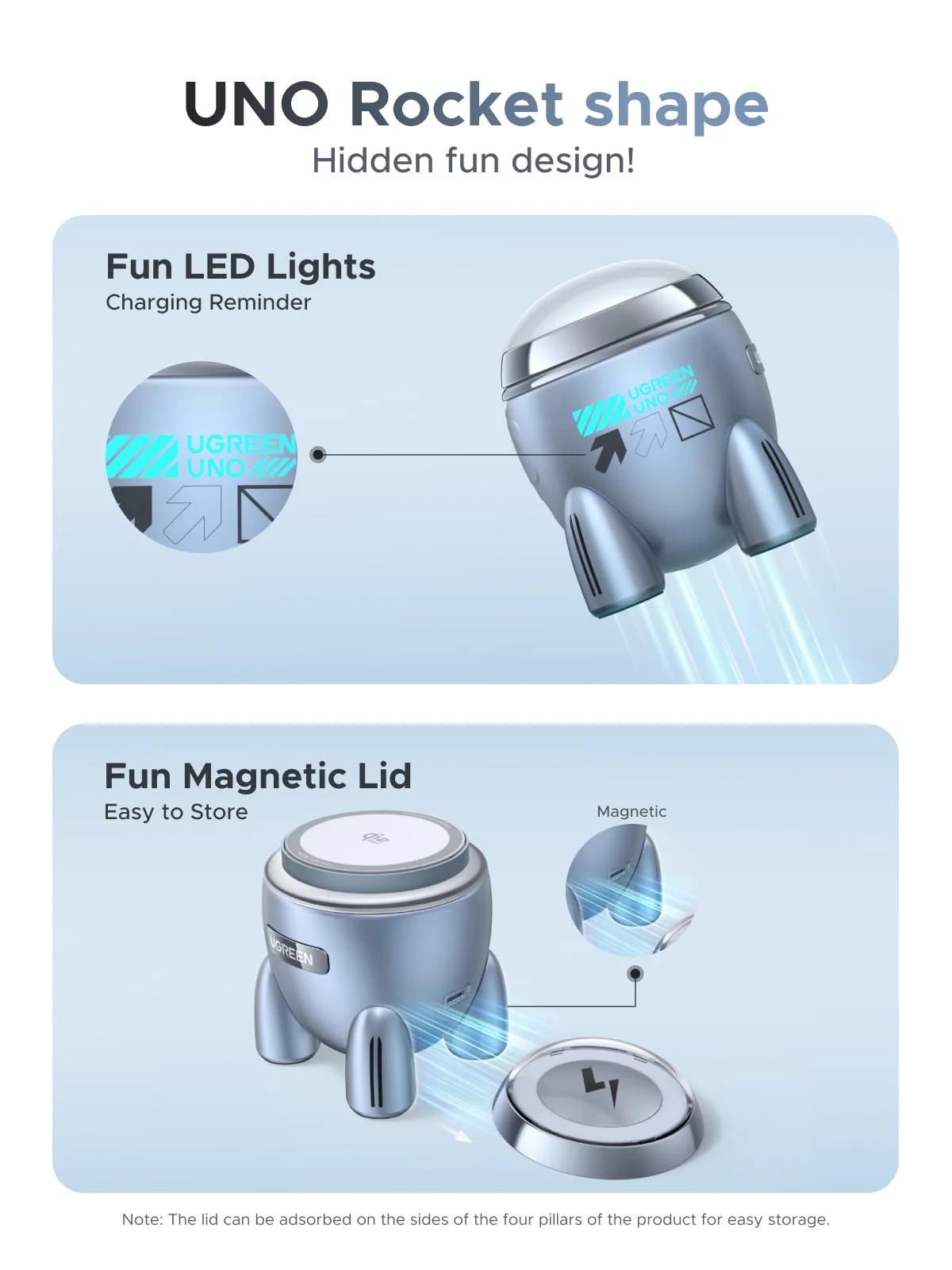 UGREEN magnetická bezdrátová nabíječka 2v1 MagFlow Qi2.2,  25W,  MagSafe,  raketa,  stříbrná5 